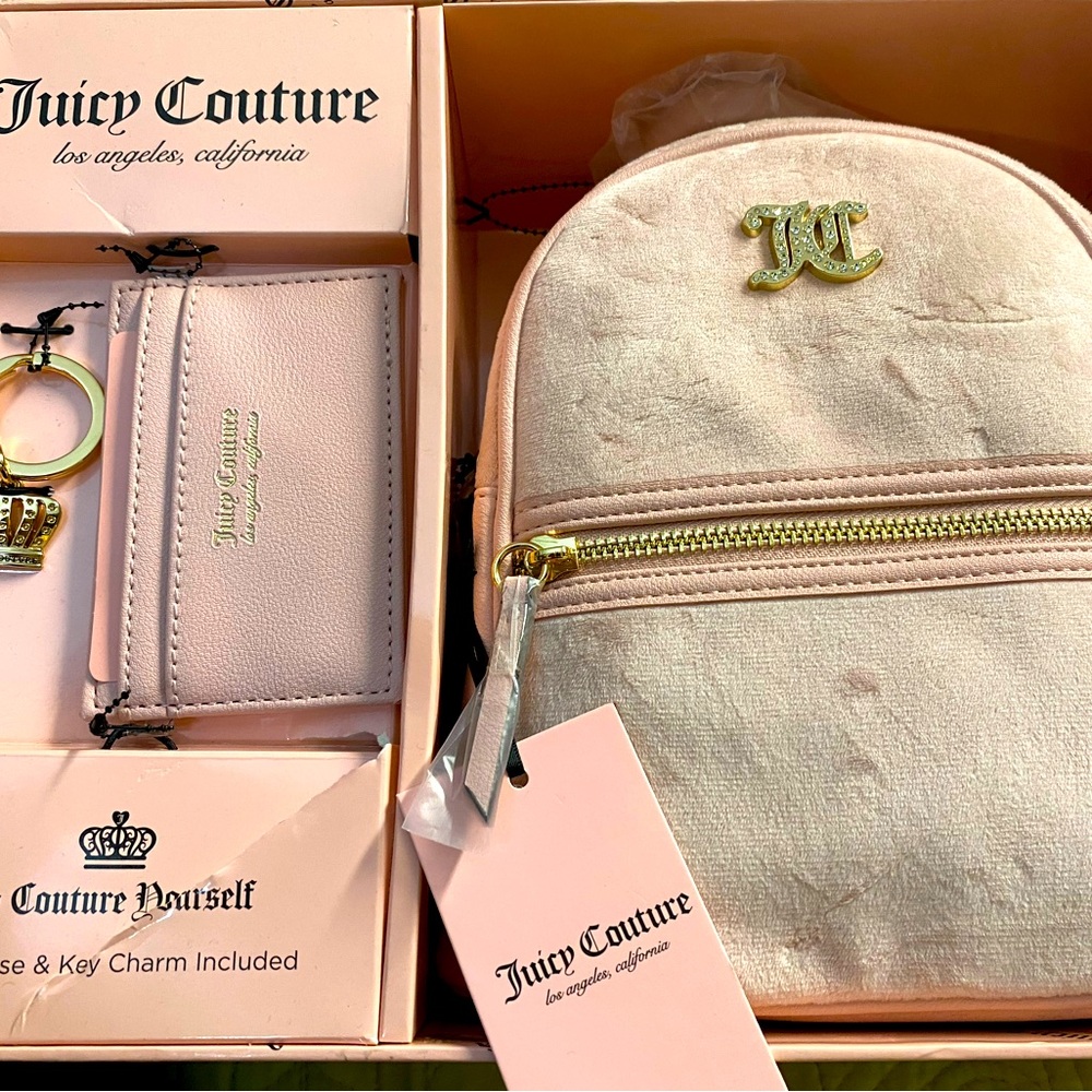 Juicy Couture Pink Backpack with Cardholder with Gold Crown Keychain NWT